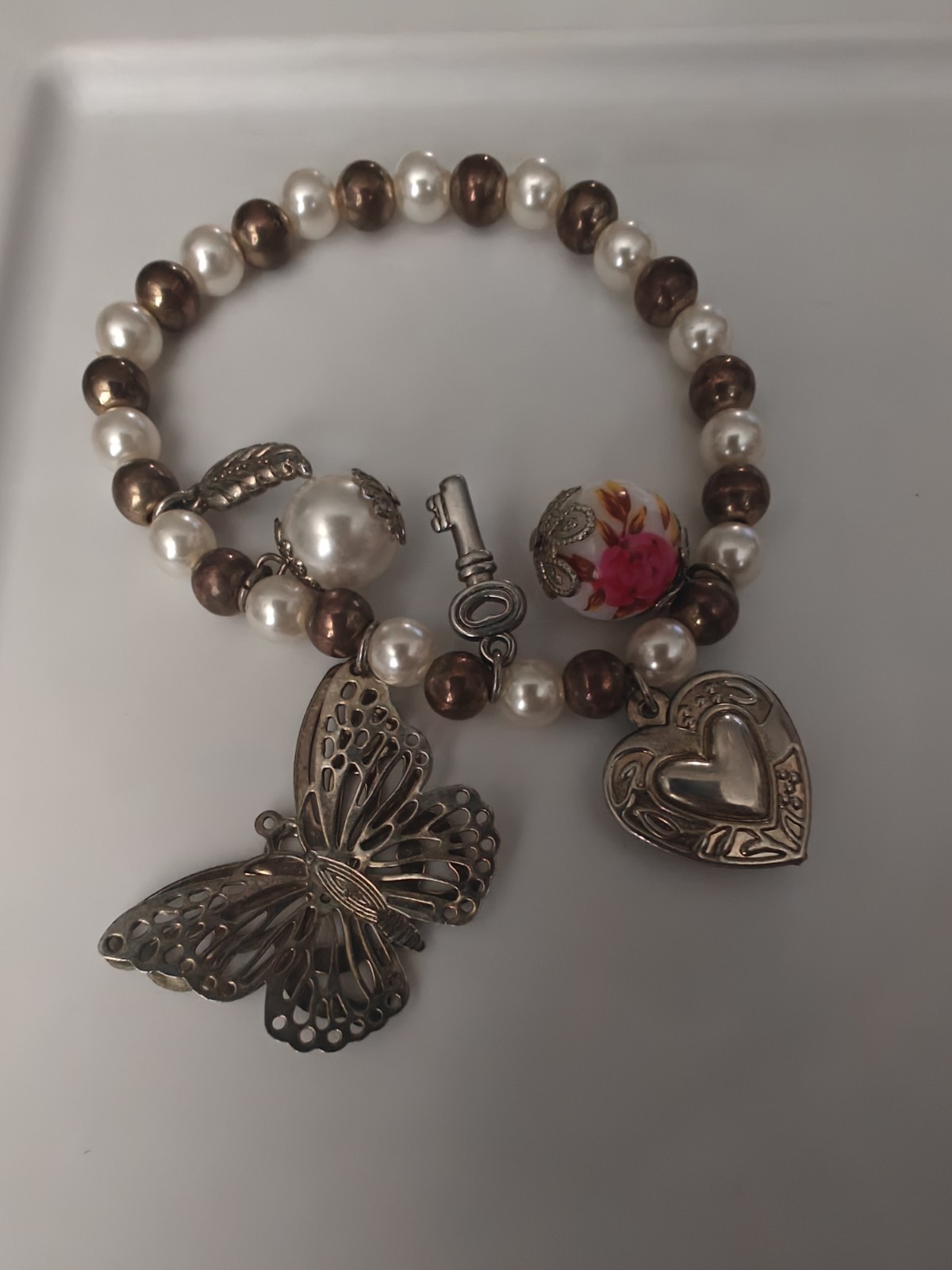 Designer Vintage Plastic Gold Colored Bead And Charm Bracelet Butterfly