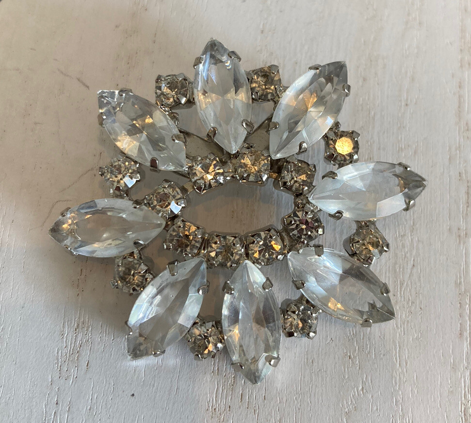 Stunning Clear Open Back Rhinestone Brooch Vintage 1 7/8 Inches x 1 3/4 Inches