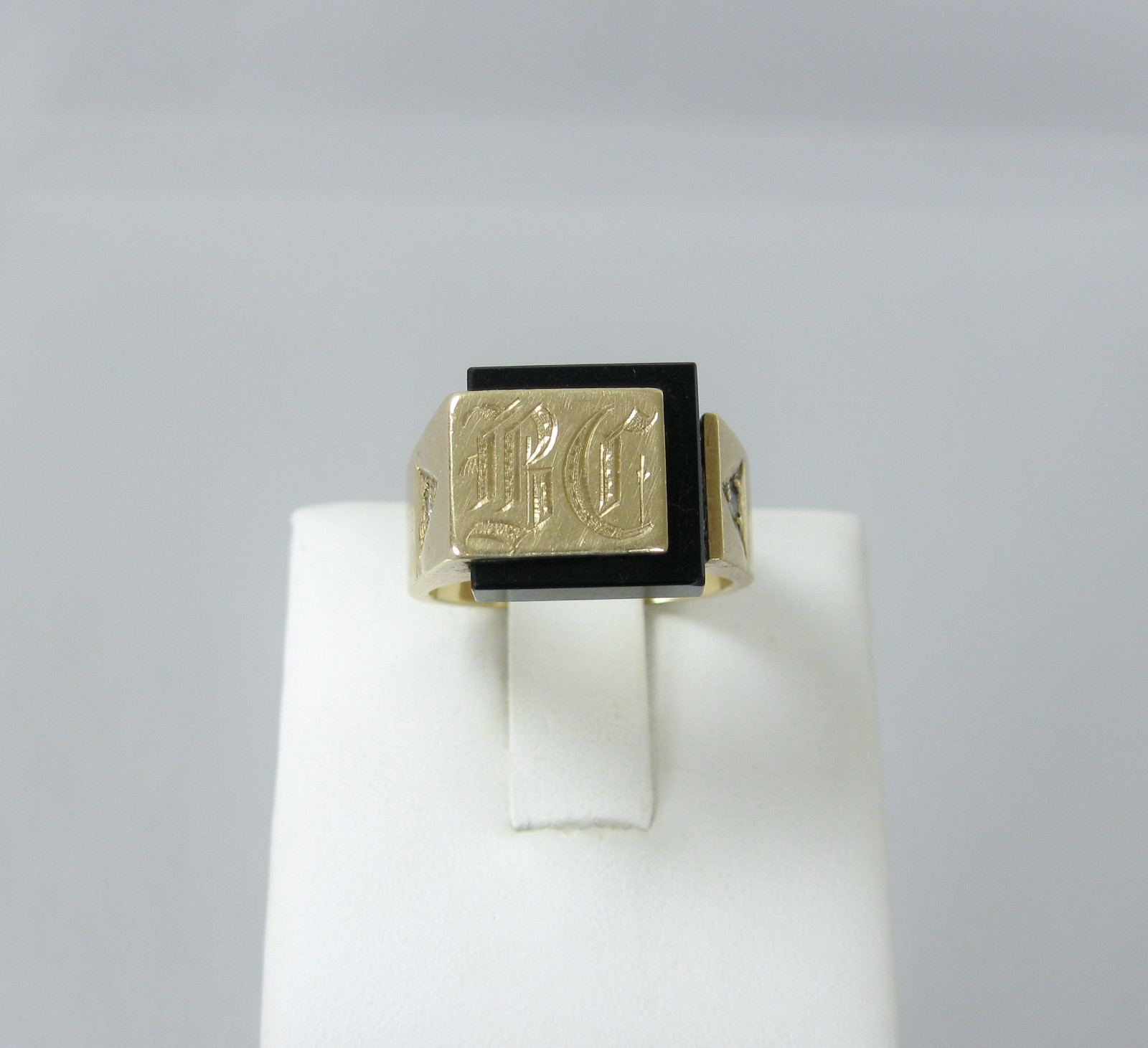 Vintage 14k Gold Onyx Diamond Mens Monogrammed BC Signet Ring Size 7