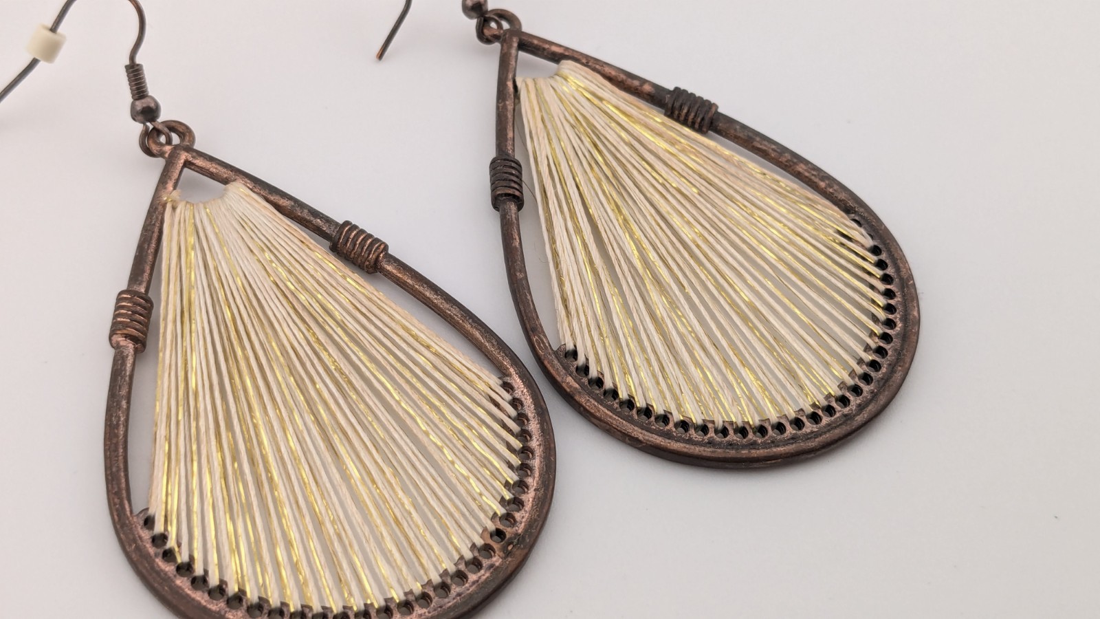Vintage Copper Teardrop Earrings Large Gold Glistening String Peruvian