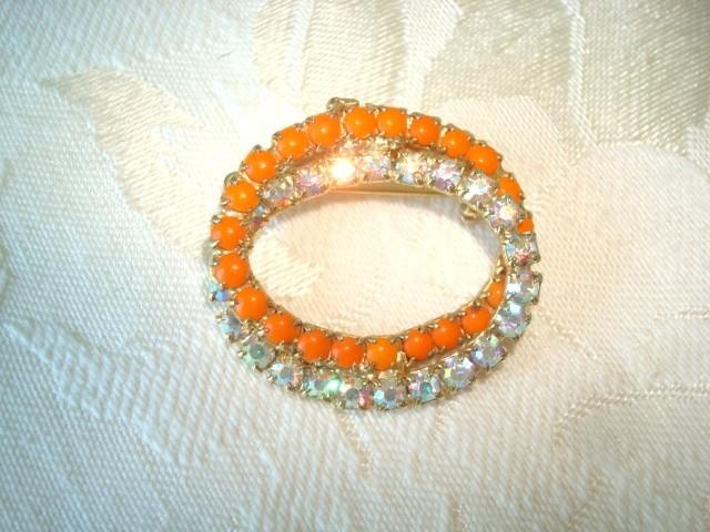Vintage Entwined Ovals Brooch AB Rhinestones Orange Plastic Cabochons KJ