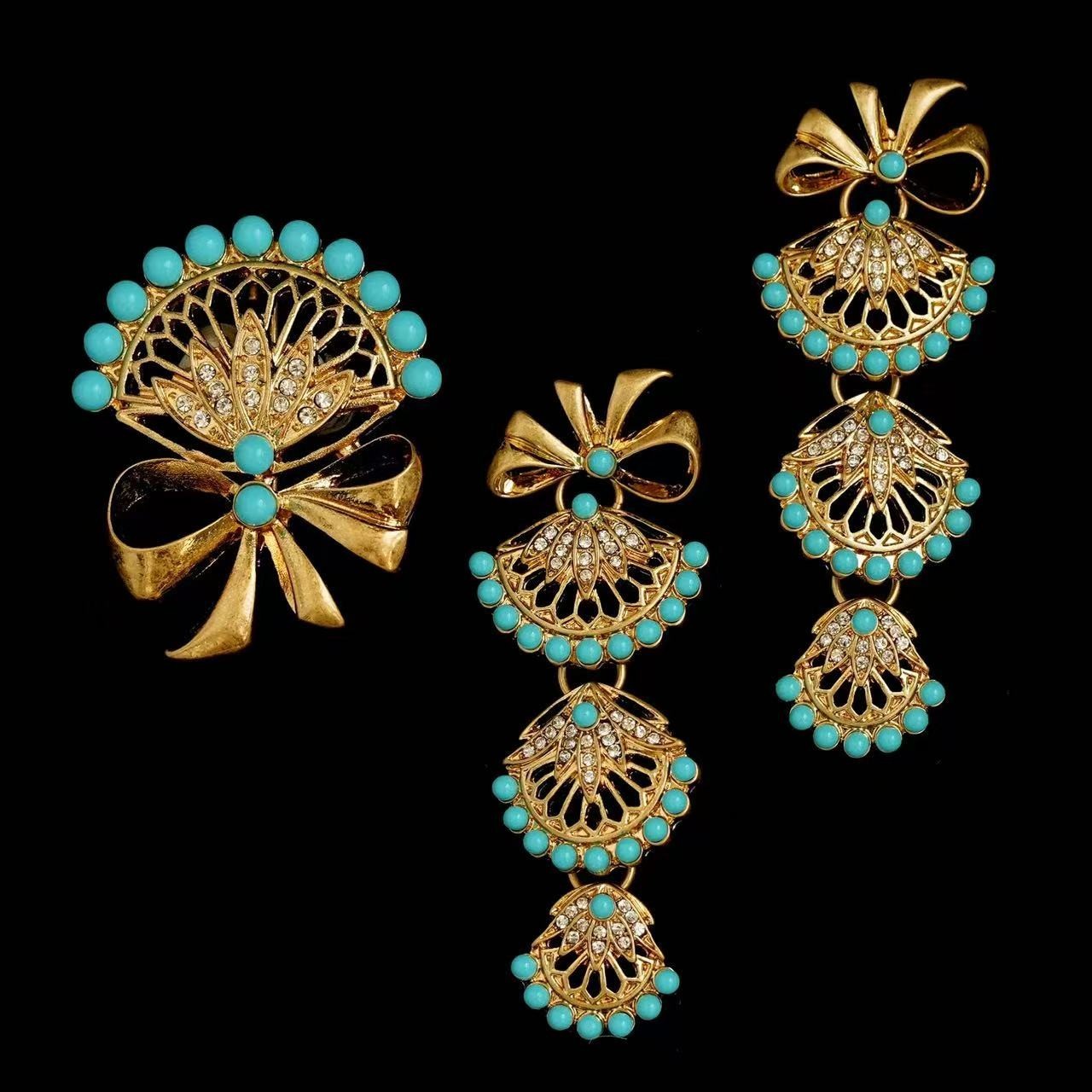 Vintage Turquoise Fan Earrings & Brooch Gold Statement Dangle Earrings Jewelry