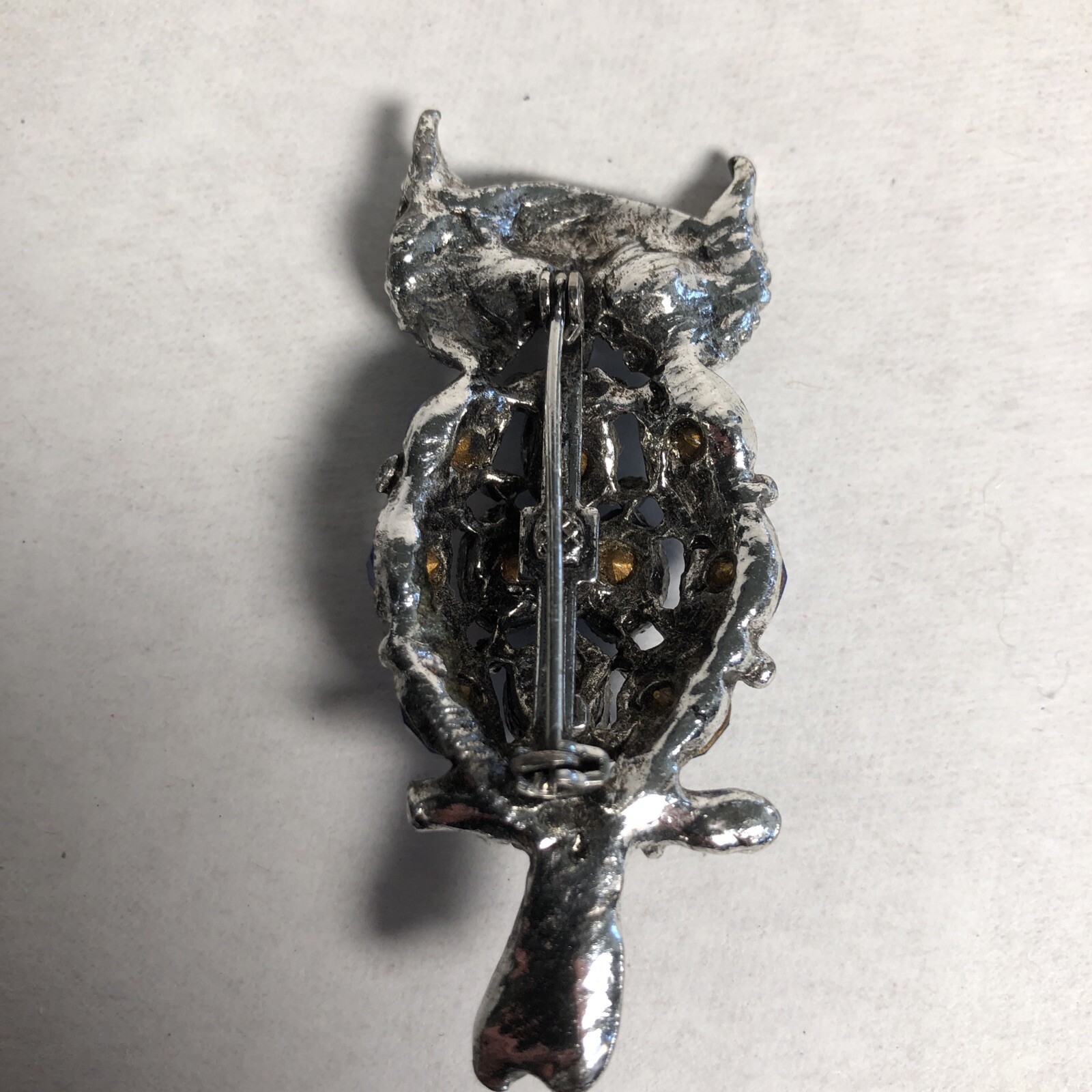 Vintage Owl Brooch Silver Tone with Blue Rhinestones 2.5 Inch Long