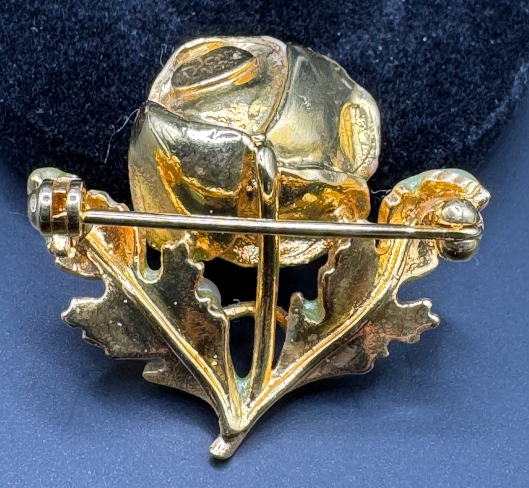 Joan Rivers Peach Enamel Flower Brooch Faux Pearl Gold Tone Signed Pin Vintage