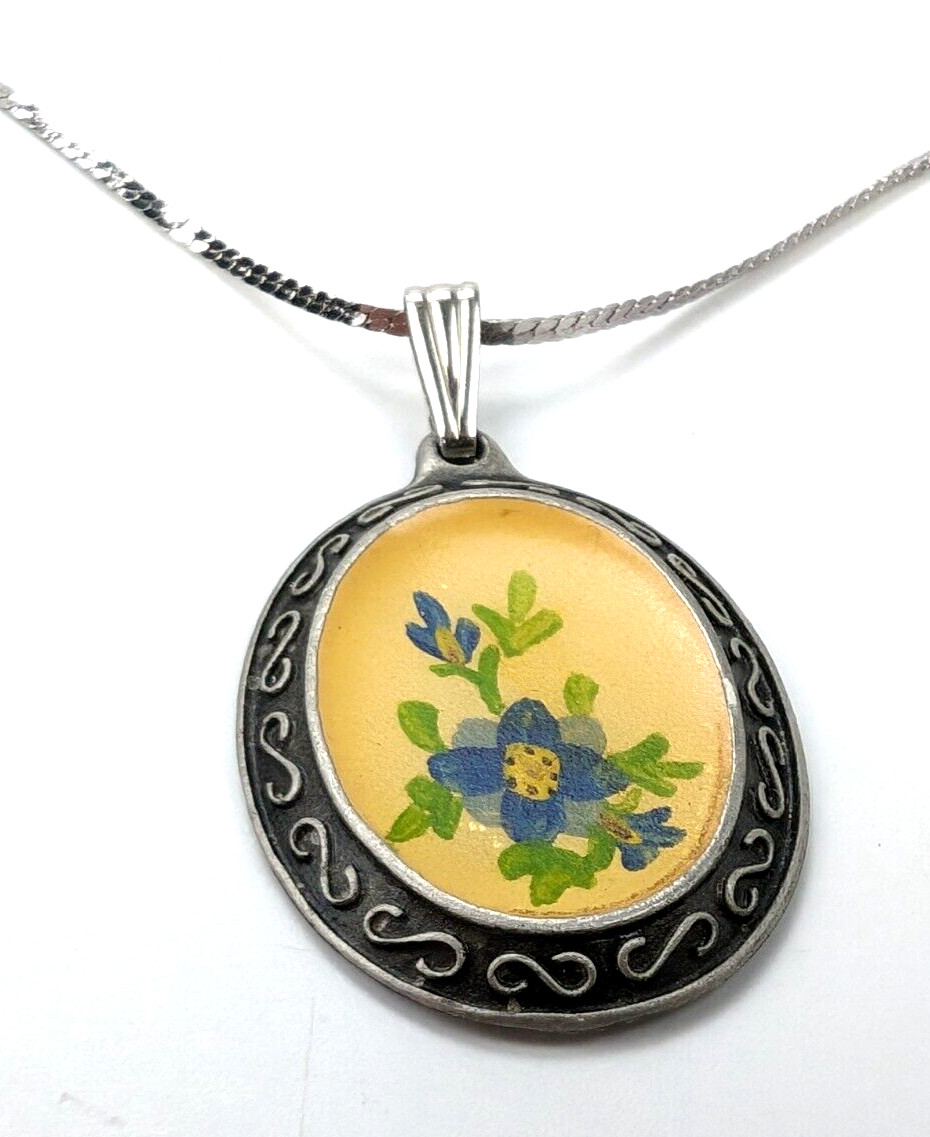 Vintage Blue Flower Pewter Pendant Chain Necklace 30″