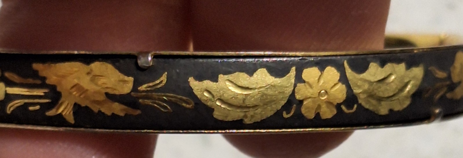 Vintage Damascene Hinged Bangle with Birds & Flowers Black and Gold tone