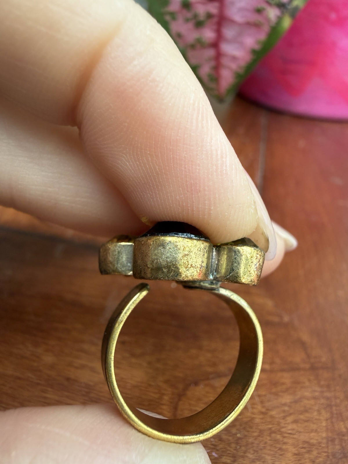 Vintage Pilgrim Multi stone Brass Ring Adjustable Band Green Red