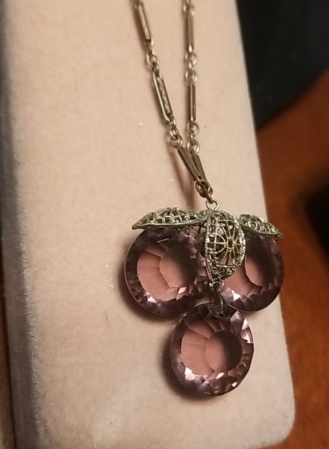 Art Deco Necklace, Purple Paste Glass, Silver & Brass Filigree, 18 Inch Chain