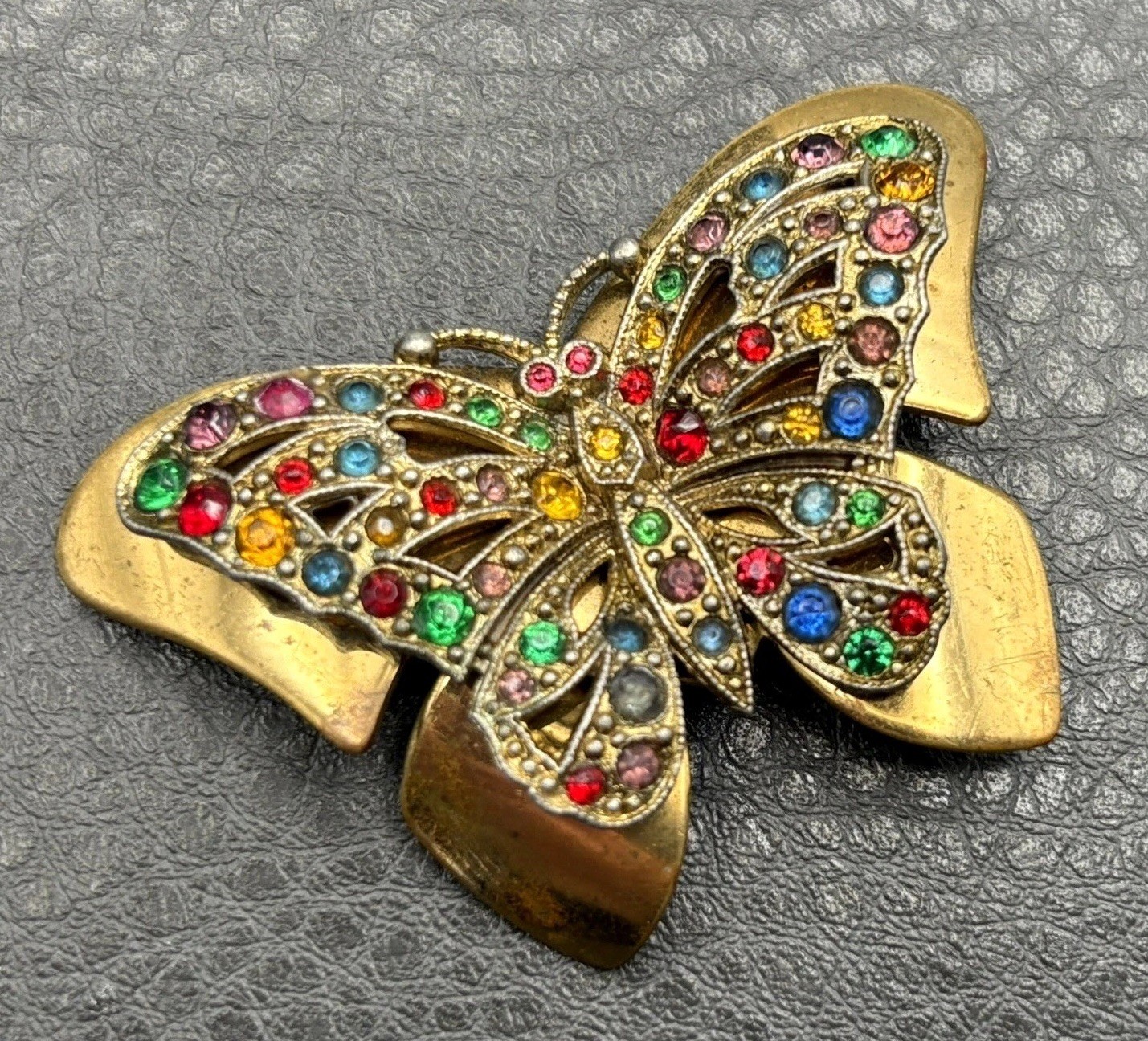 Vintage Gold Tone Butterfly Brooch Multicolor Crystal Rhinestone Pin Fruit Salad
