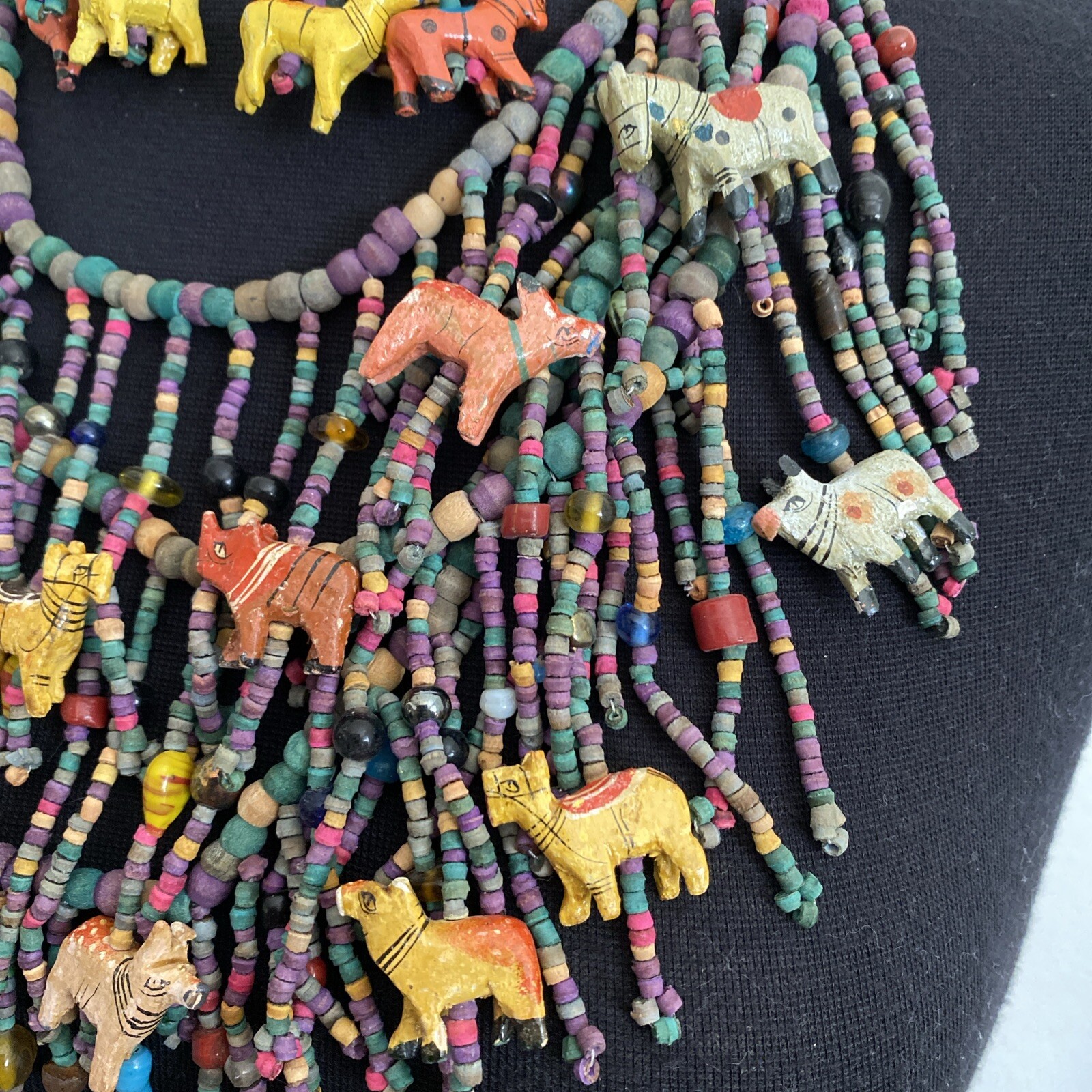 Vintage African Multi-Strand Wooden Carved Animal & Beads Necklace Earrings Set