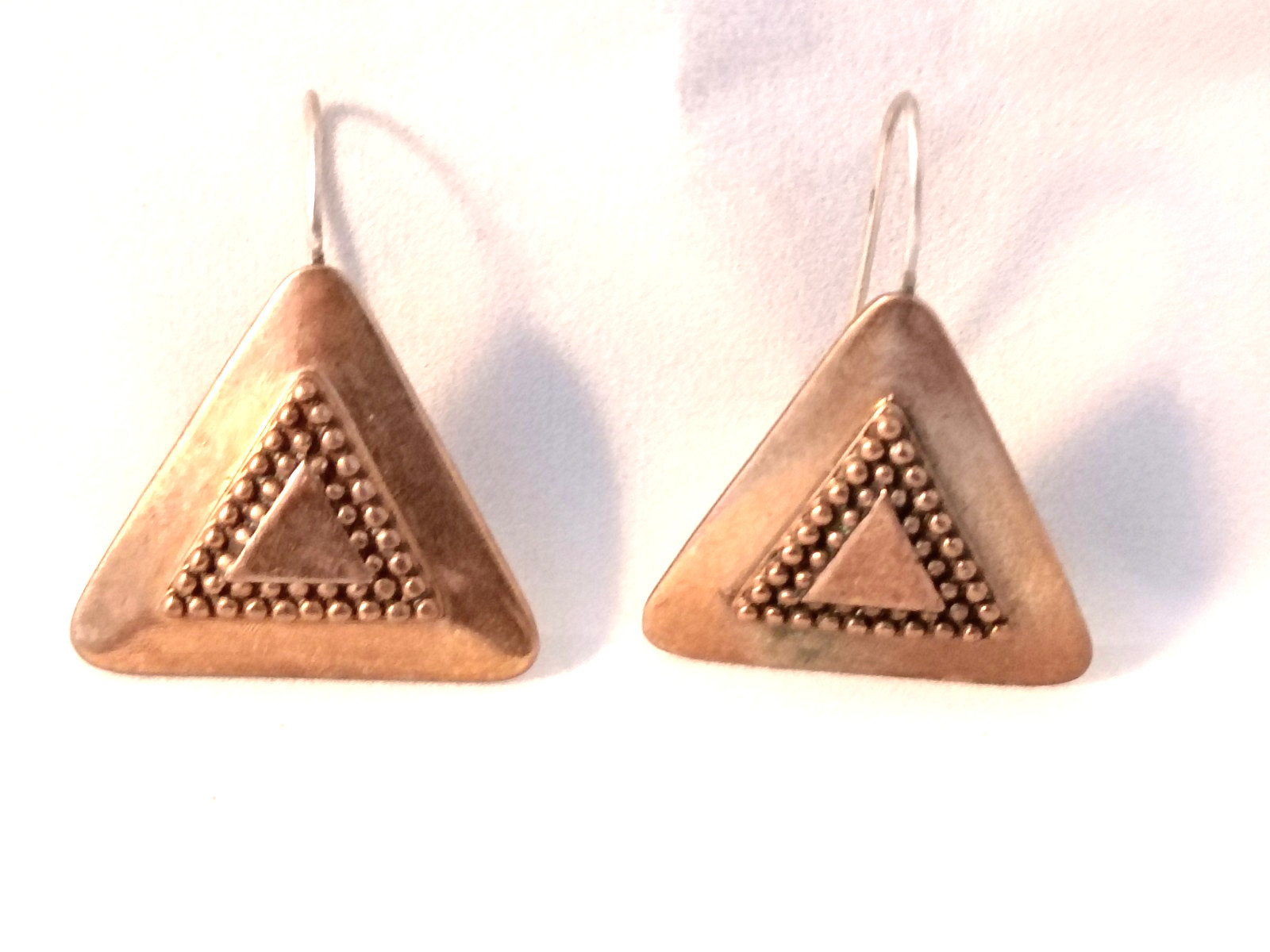 Vintage Artesian Metallic Copper Tone Triangular Shape Hook Earrings Good Cond.