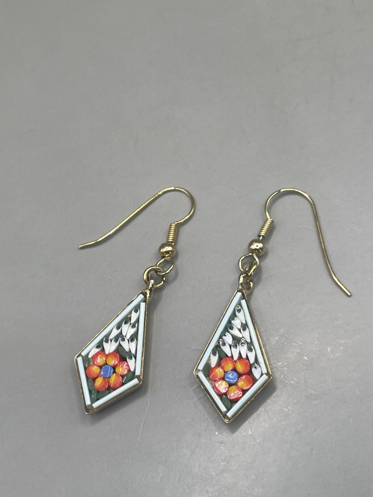 Vintage Italian GoldTone Micro Mosaic Floral Hook Dangle 1.8” Earrings