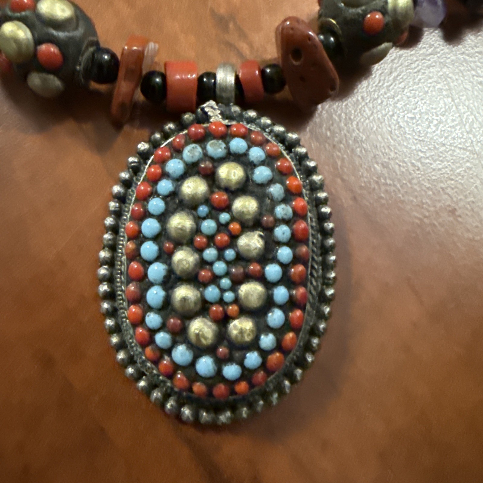 VTG Artisan Silver Tribal Gemstone Estate Necklace Coral Turquoise 80s Statement