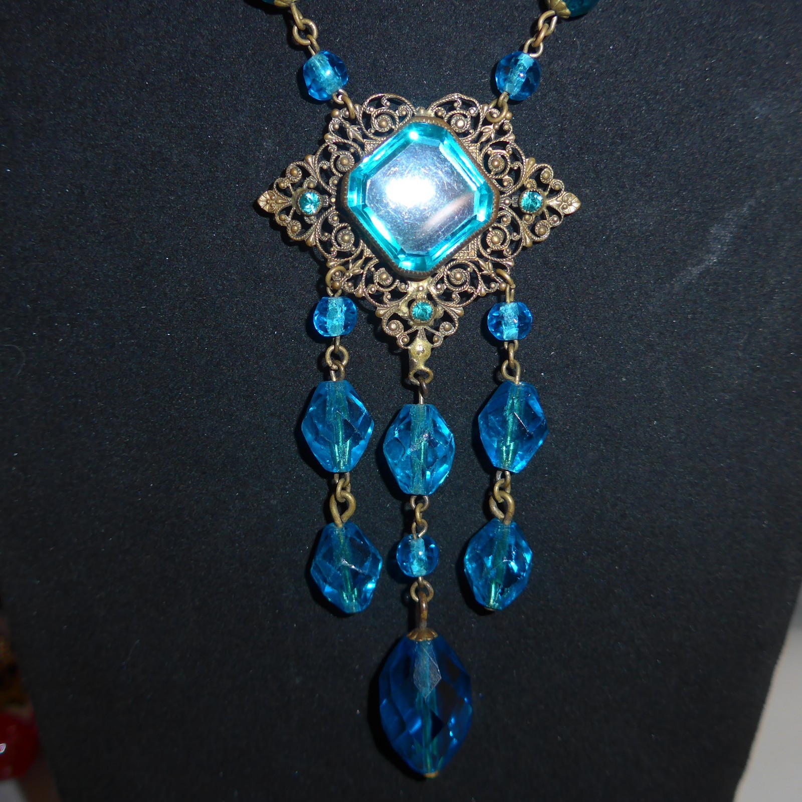 Vtg Czech Czechoslovakia Art Deco Blue Glass Crystal Brass Necklace 18″