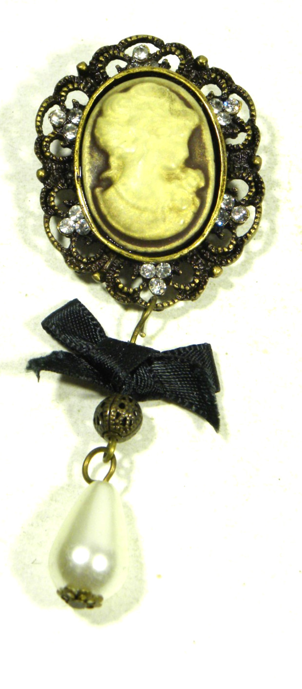 Vintage Rhinestone Cameo Brooch Victorian Pin Filigree Faux Pearl Oval Bronze