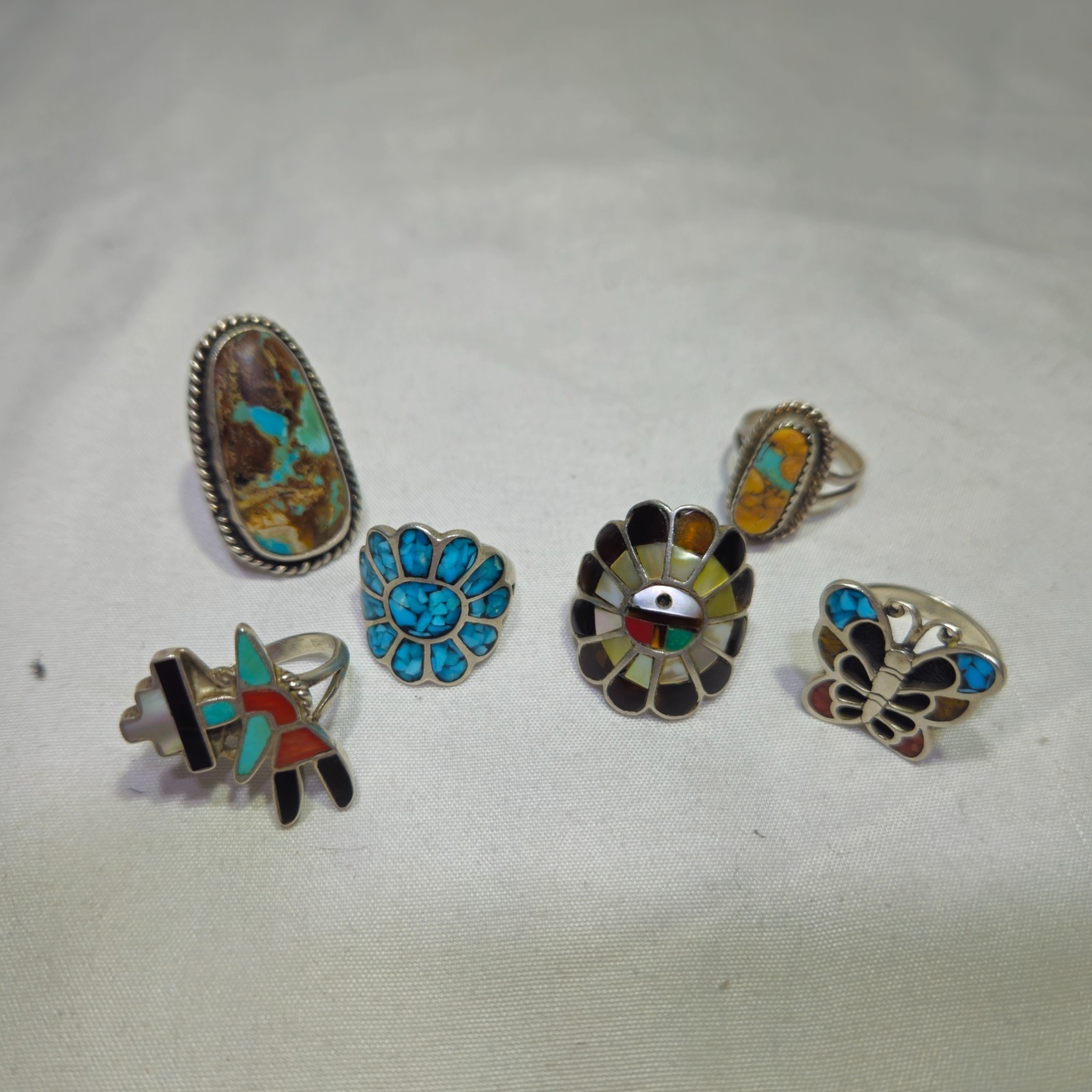 Vtg 6 Pc Assorted Sterling Silver Turquoise Inlay Ring Lot Jewelry Mixed Sz 30g