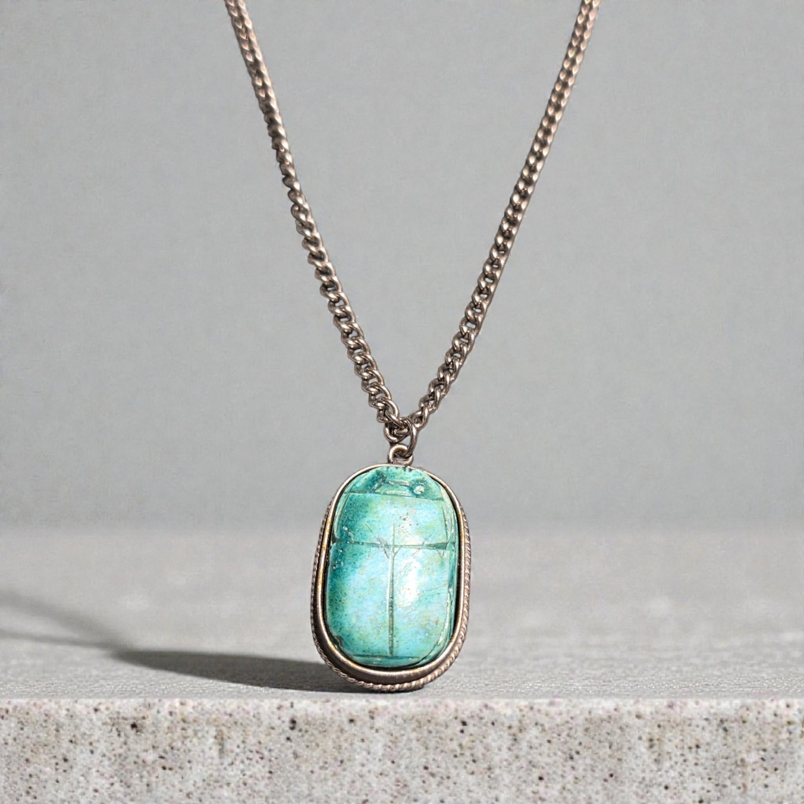 Vintage Egyptian Revival Scarab Pendant Necklace Double Sided Hieroglyphic Blue
