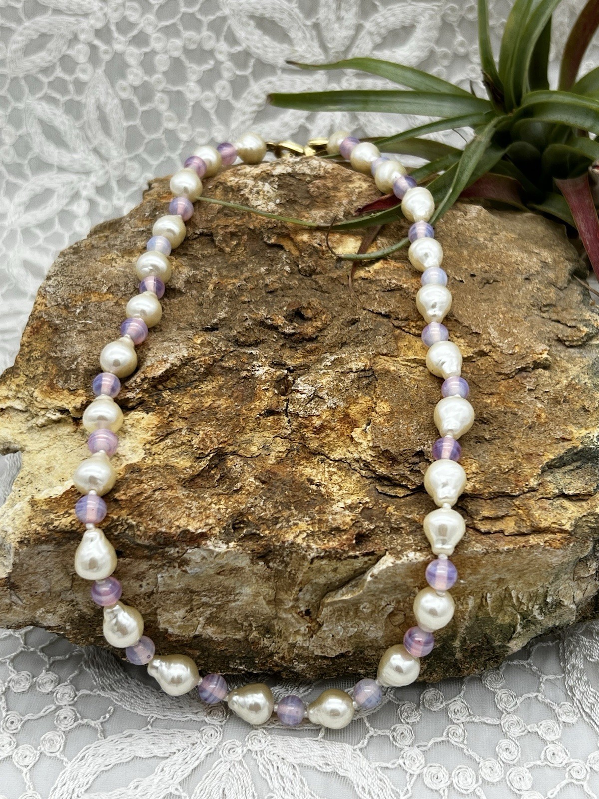 Vintage Freshwater Pearl Necklace Lavender Glass Beads with Gold Tone Clasp