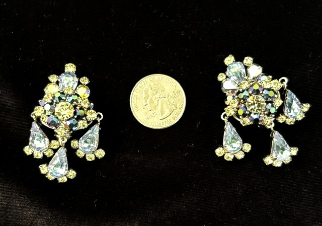 Fabulous Vintage Silver Tn BLUE AB Rhinestone Cluster Drop Clip Earrings AUSTRIA