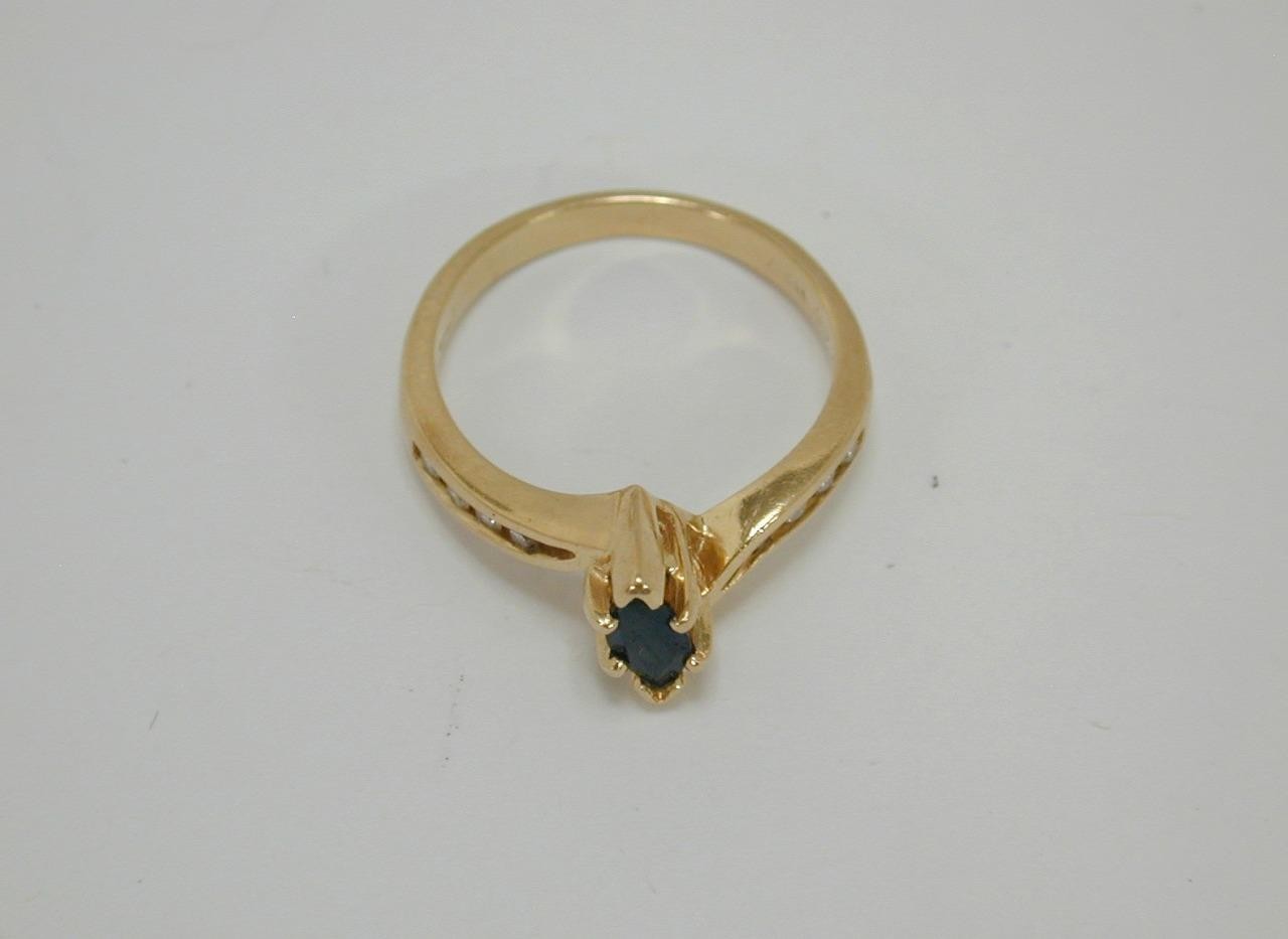 Vtg ASH 14K Yellow Gold Marquise Dark Blue Sapphire & Diamond Ring Size 7.5 585