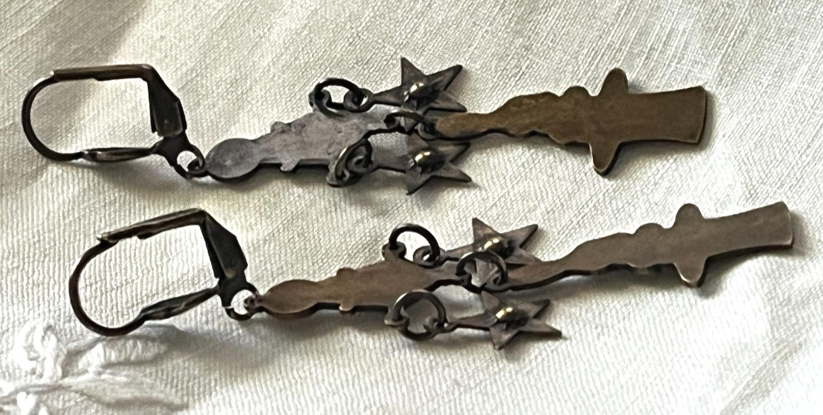 Bronze-Toned Antique-Style Chandelier Dangle Earrings, Stars, Rabbit in Hat 2.5″