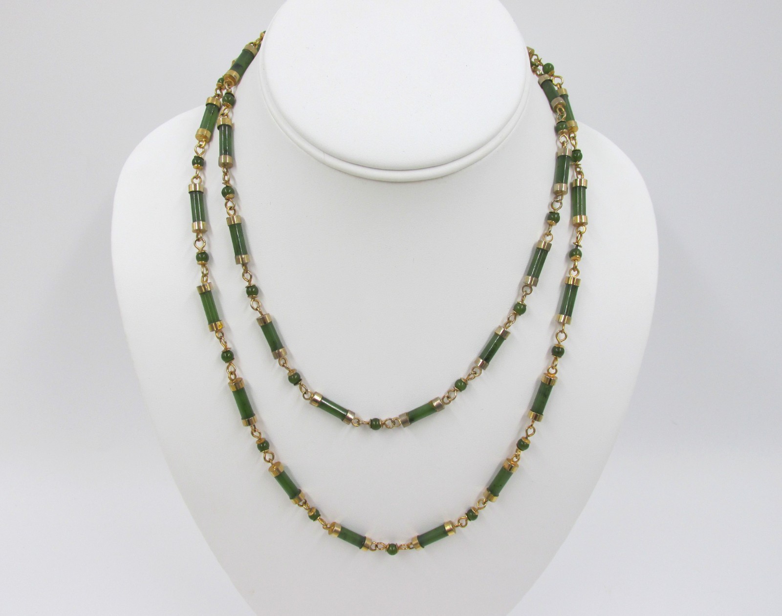 Jade Chinese Export Bamboo Cylinder Station Necklace Gold Plated 36″ Vintage