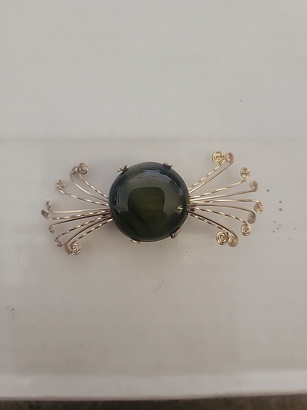 Vintage Metal Brooch W Black Stone In Middle