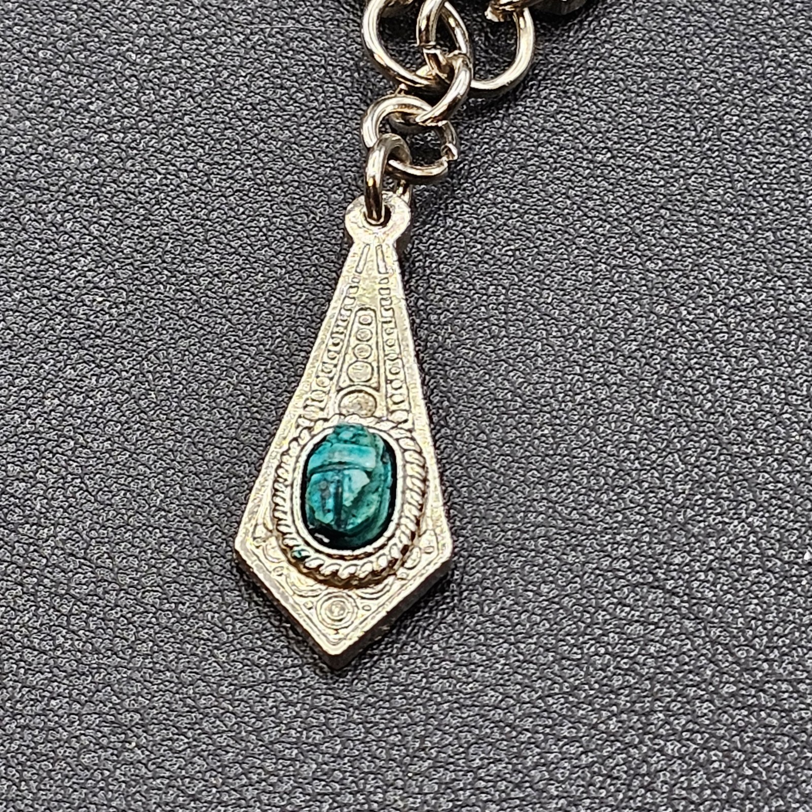 Vintage Egyptian Style Panel Bracelet Silver Tone Teal Stone Scarabs Style #1