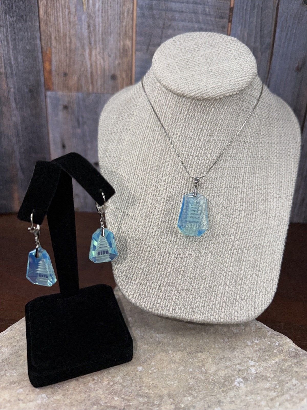 Opaline Blue Glass Japanese Pagoda Necklace & Earrings Set reverse carved
