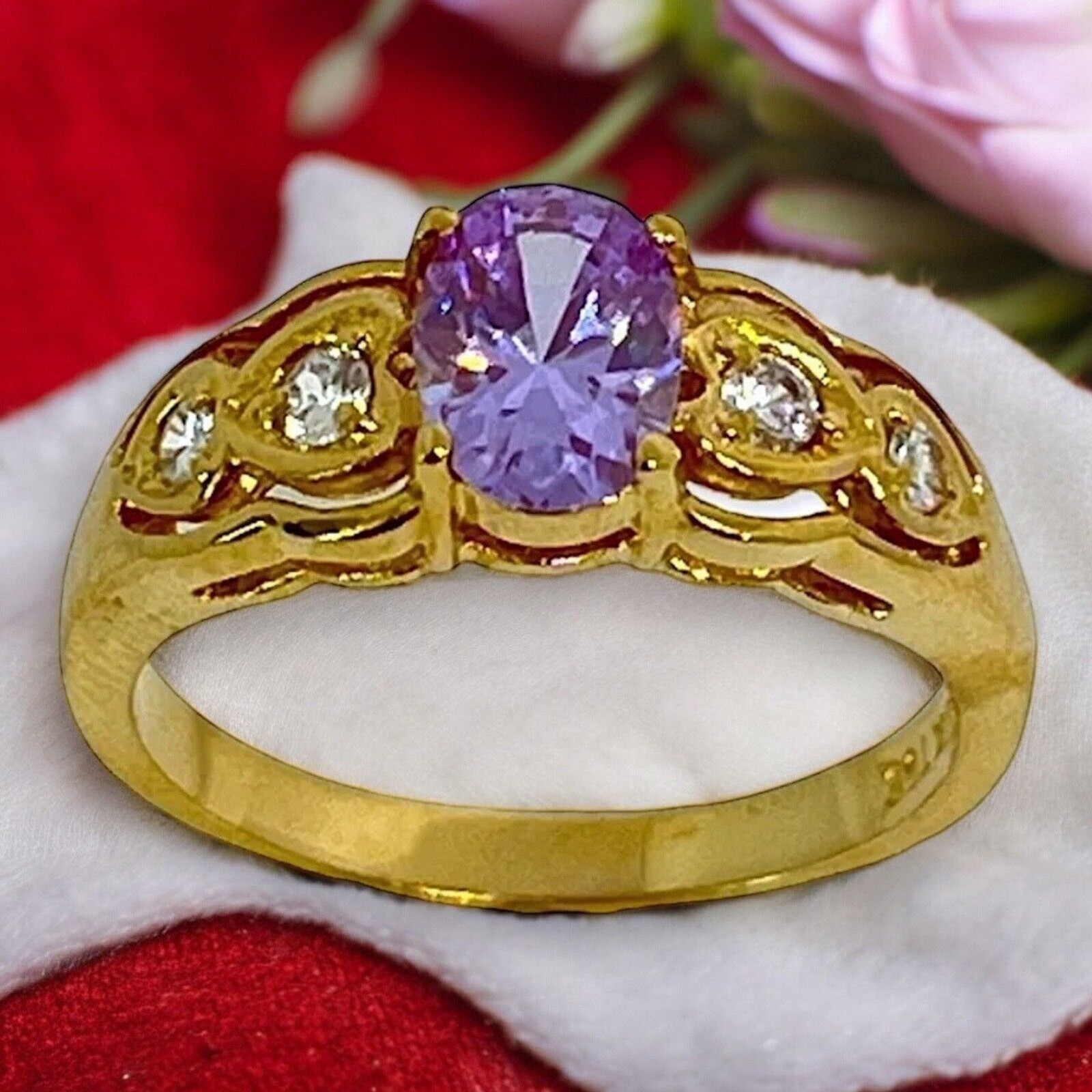 Vintage 1980s Ring Size 4 Lavender CZ Prong Set Gold Plated Band – 14J