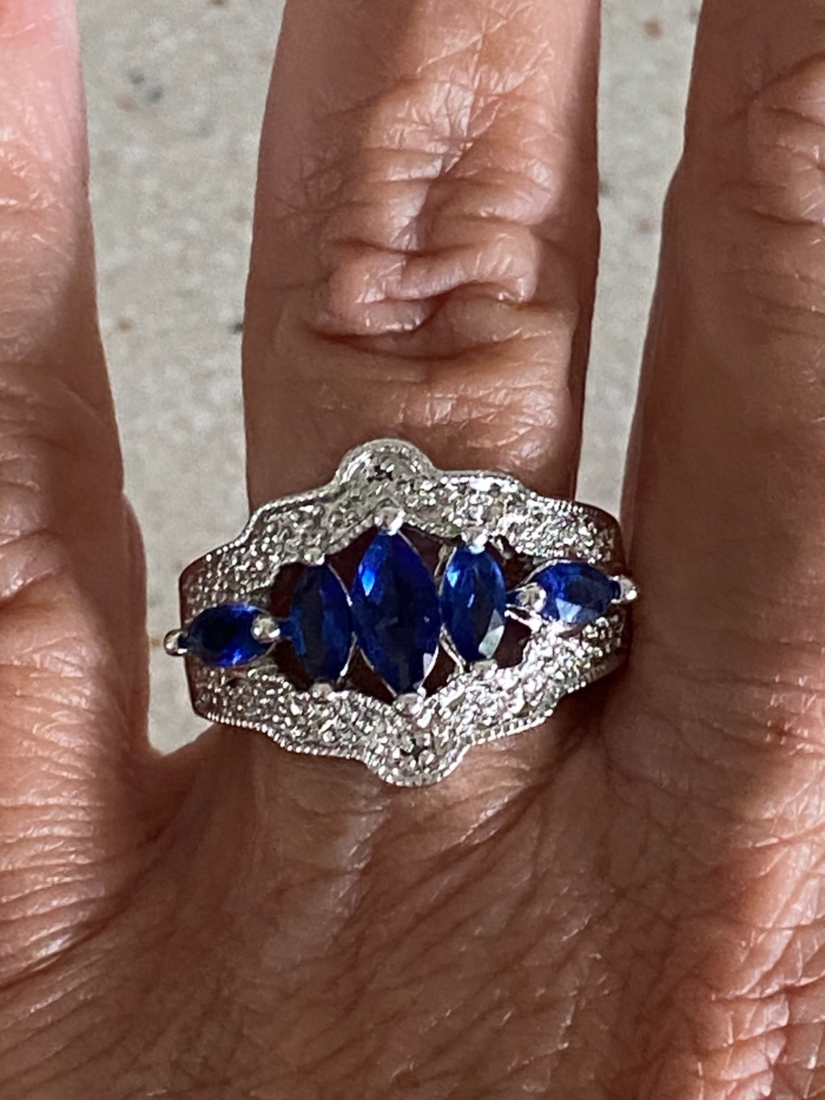 Faux Sapphire Crystal Statement Cocktail Ring Marquise Cut Prong Set Band Size 8