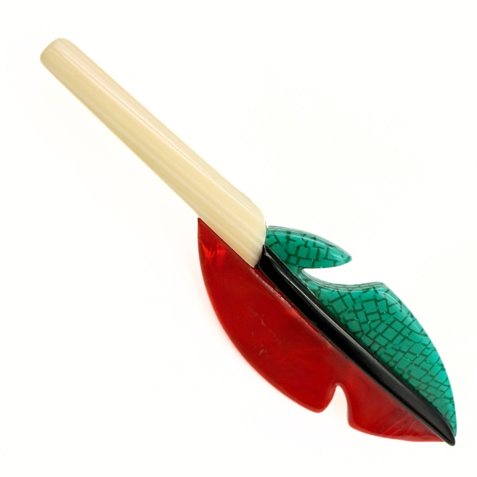 Lea Stein Marked Paris Green Red Acetate Celluloid Feather Brooch