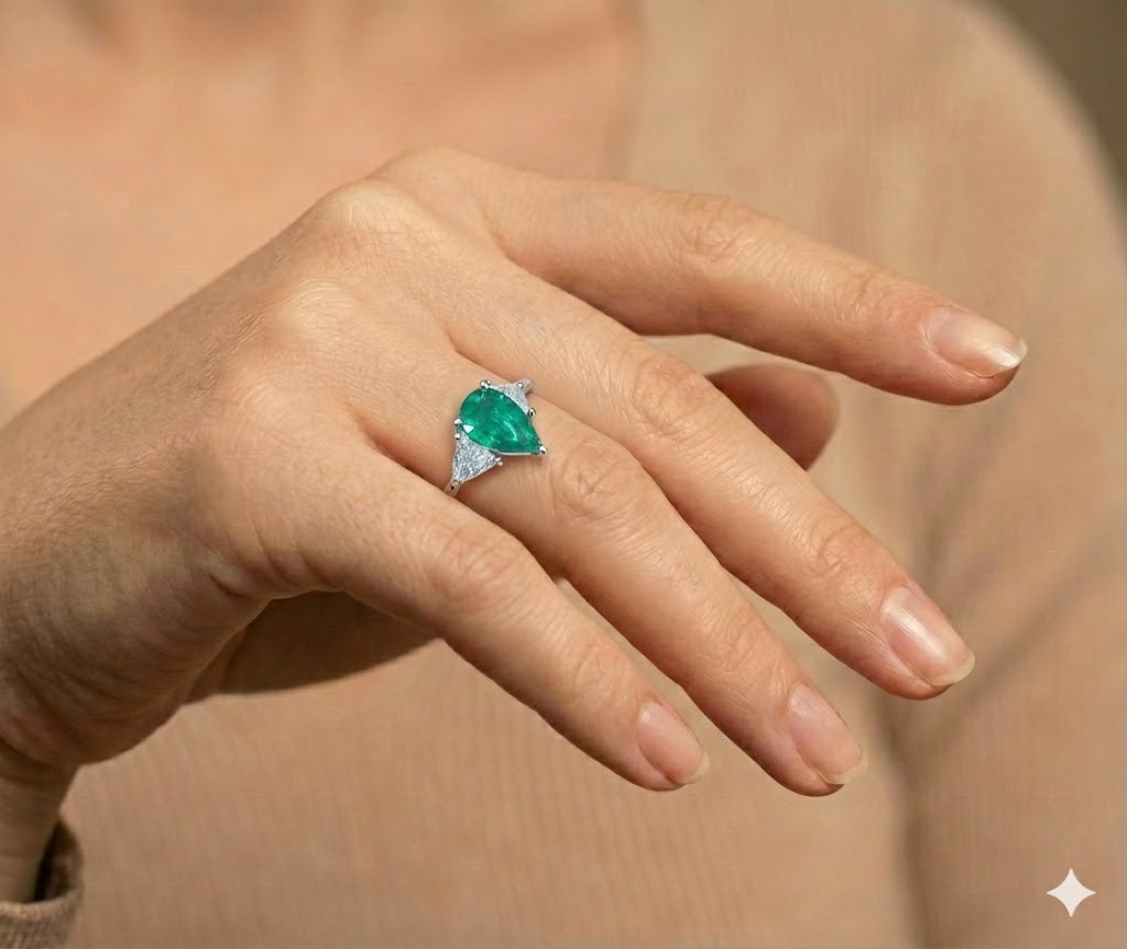 Vintage Platinum Engagement Ring 1.12CT. Natural Green Colombia Pear Shape