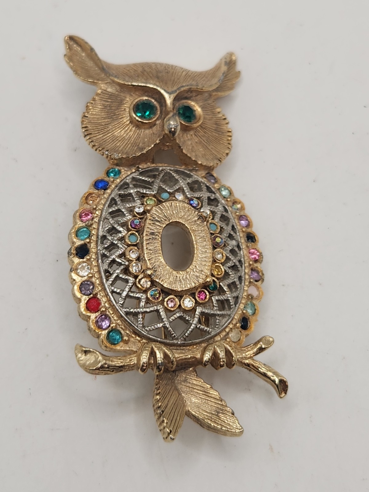 Vintage Owl Brooch Gold Tone Multi Color Rhinestone Figural Bird Pin Green Eyes