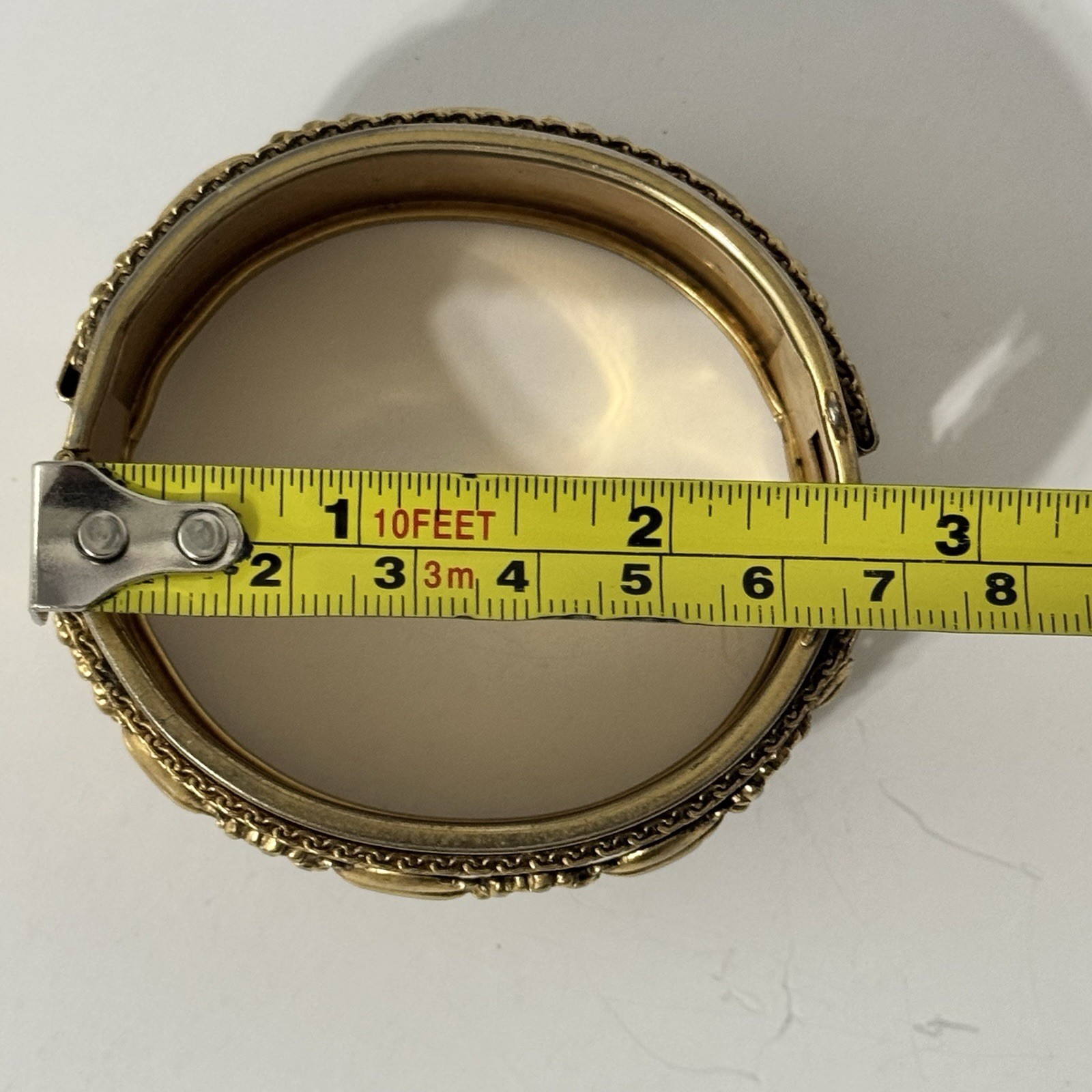 Wide Brass Gold Tone Victorian Revival Style Floral Bangle Hinged Cuff Bracelet