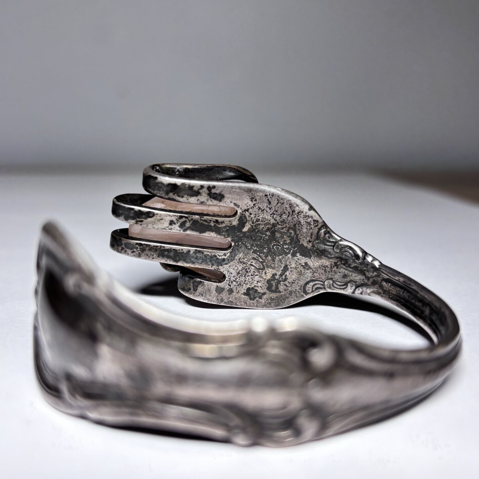 Uma Silbey Signed Sterling Silver Rose Quartz Cuff Bracelet 1984 Joan of Arc