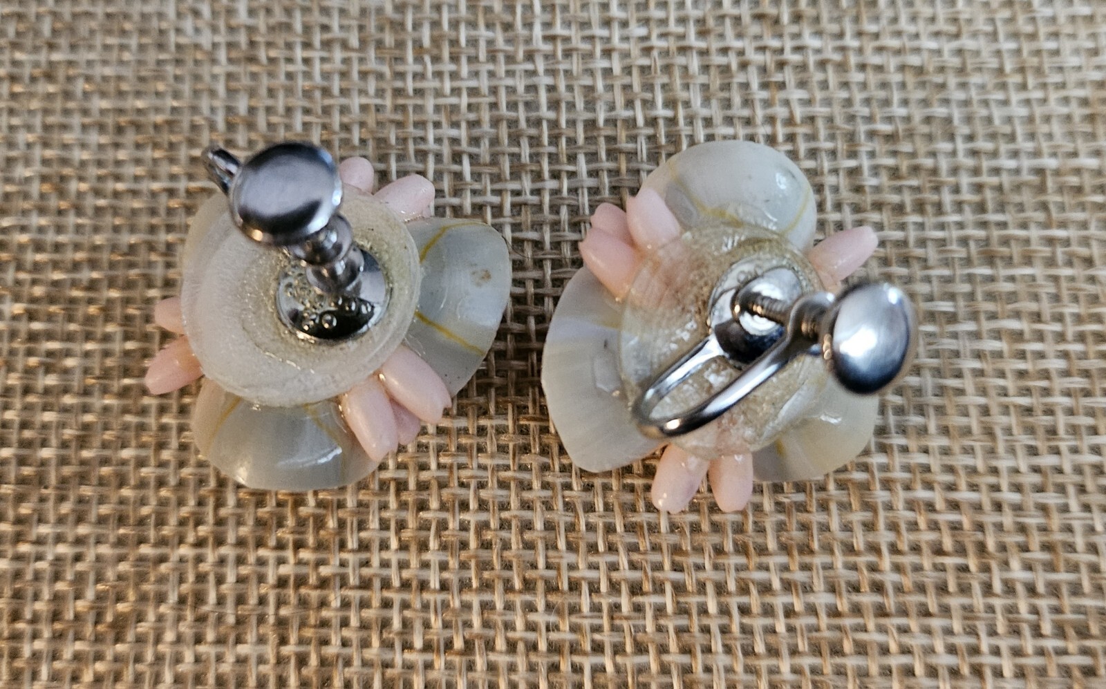 Vtg. Handmade Tropical Sea Shell, Art Bouquet Screw Back Earrings, Beach Ware