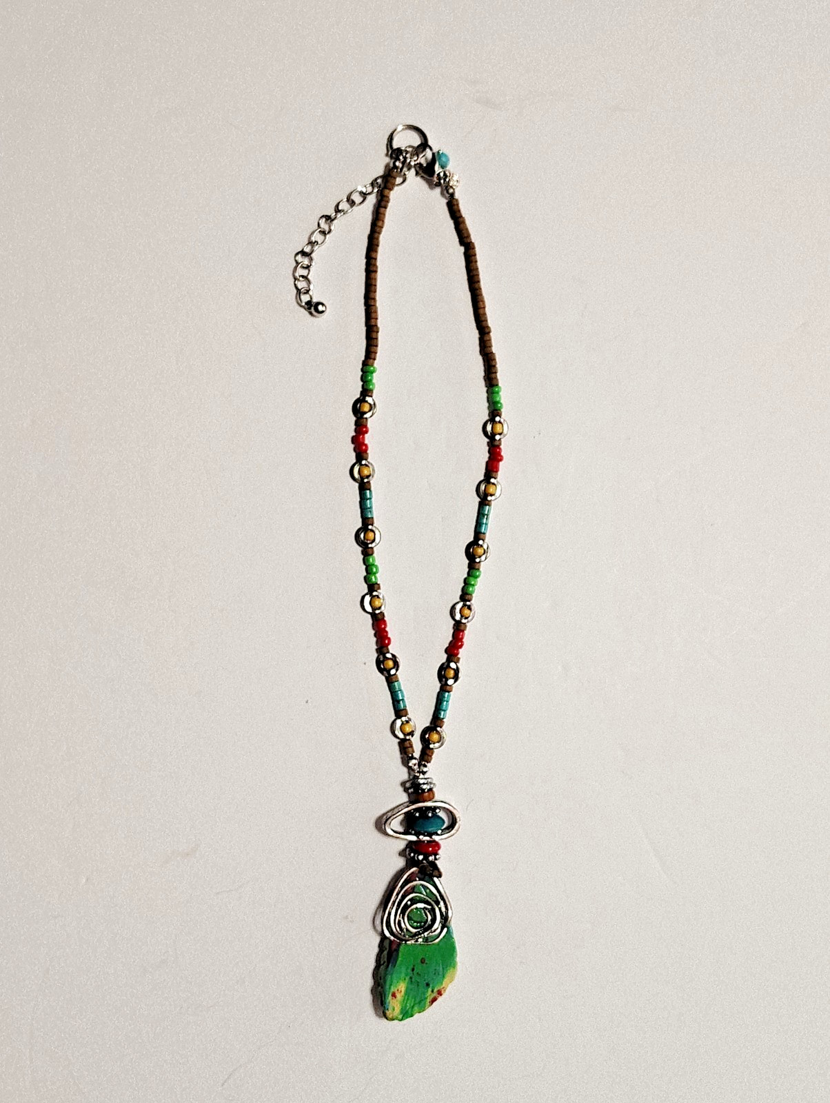 Treska Signed Boho Single Strand Multicolor Beaded Necklace w/ Resin Pendant