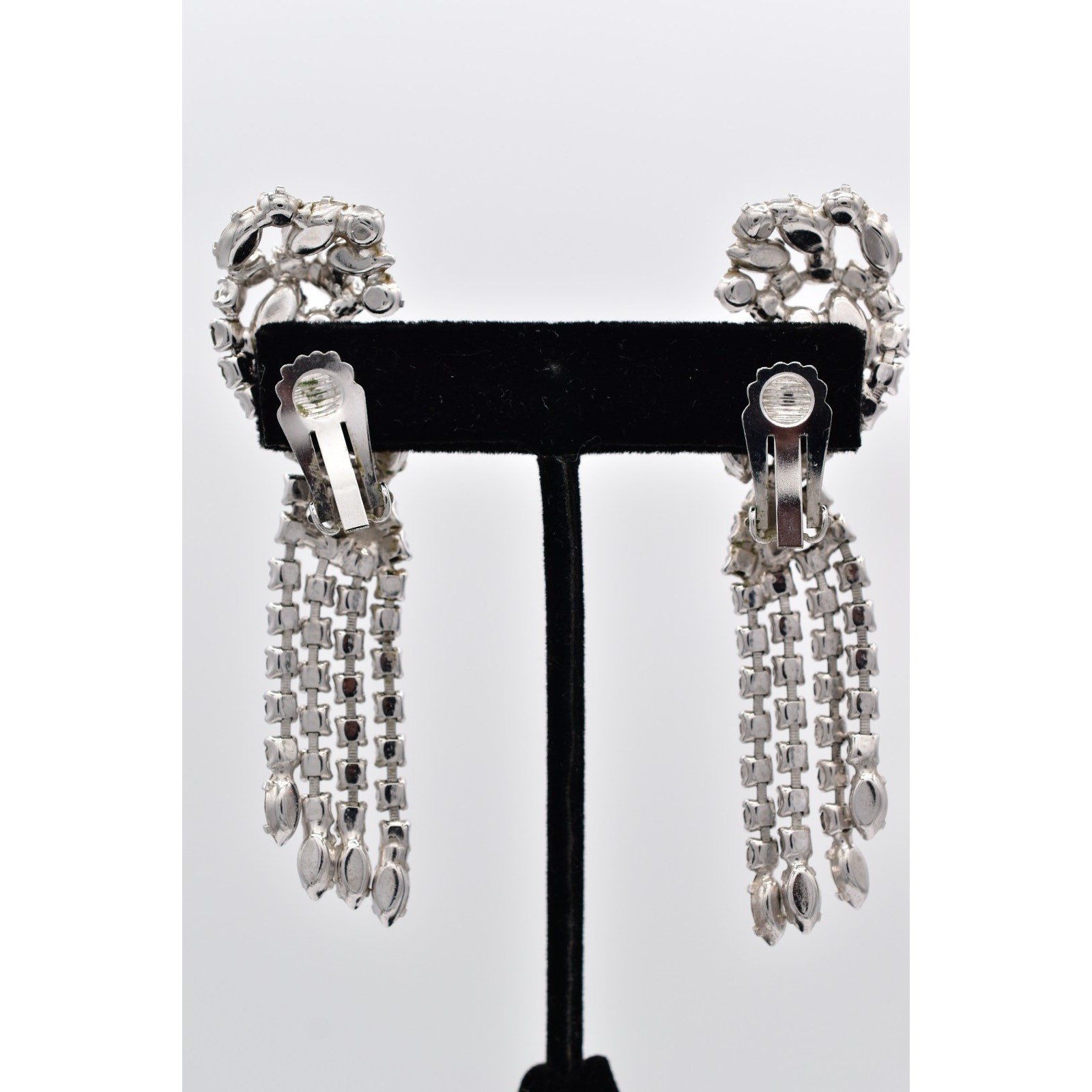 Vintage Crystal Climber Fringe Clip On Earrings Rhinestone Dangle Tassel BinAZ