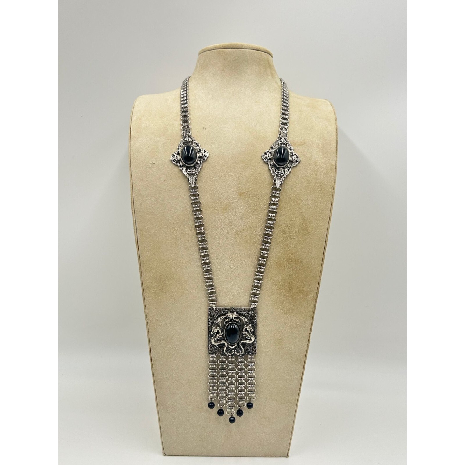 Signed EDLEE Vintage Necklace Silver Tone Dragons Ornate Bookchain Beads Dangles