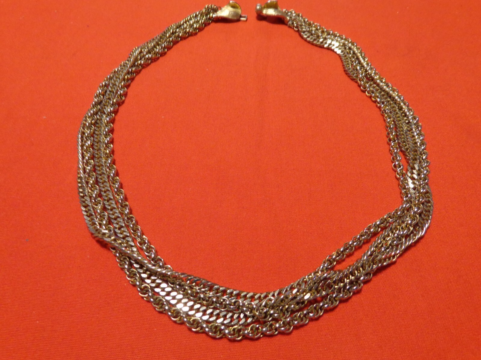 ANTIQUE ART DECO NECKLACE 21 in 4 STRANDS OF GOLD TONE CHAINS VERY SHARP # 031