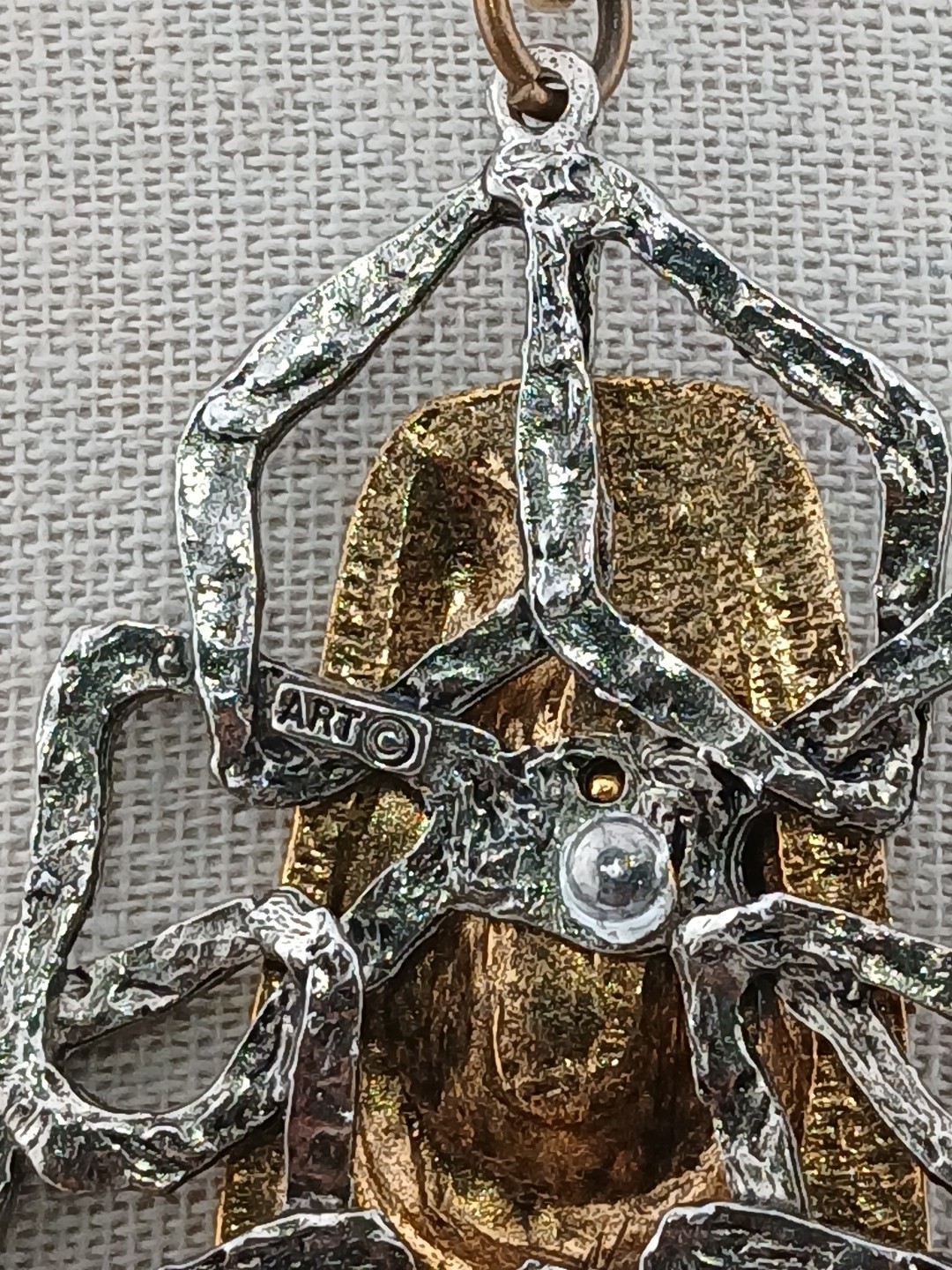 RARE SIGNED ART TWO TONE Brutalist hammered bird design pendant necklace