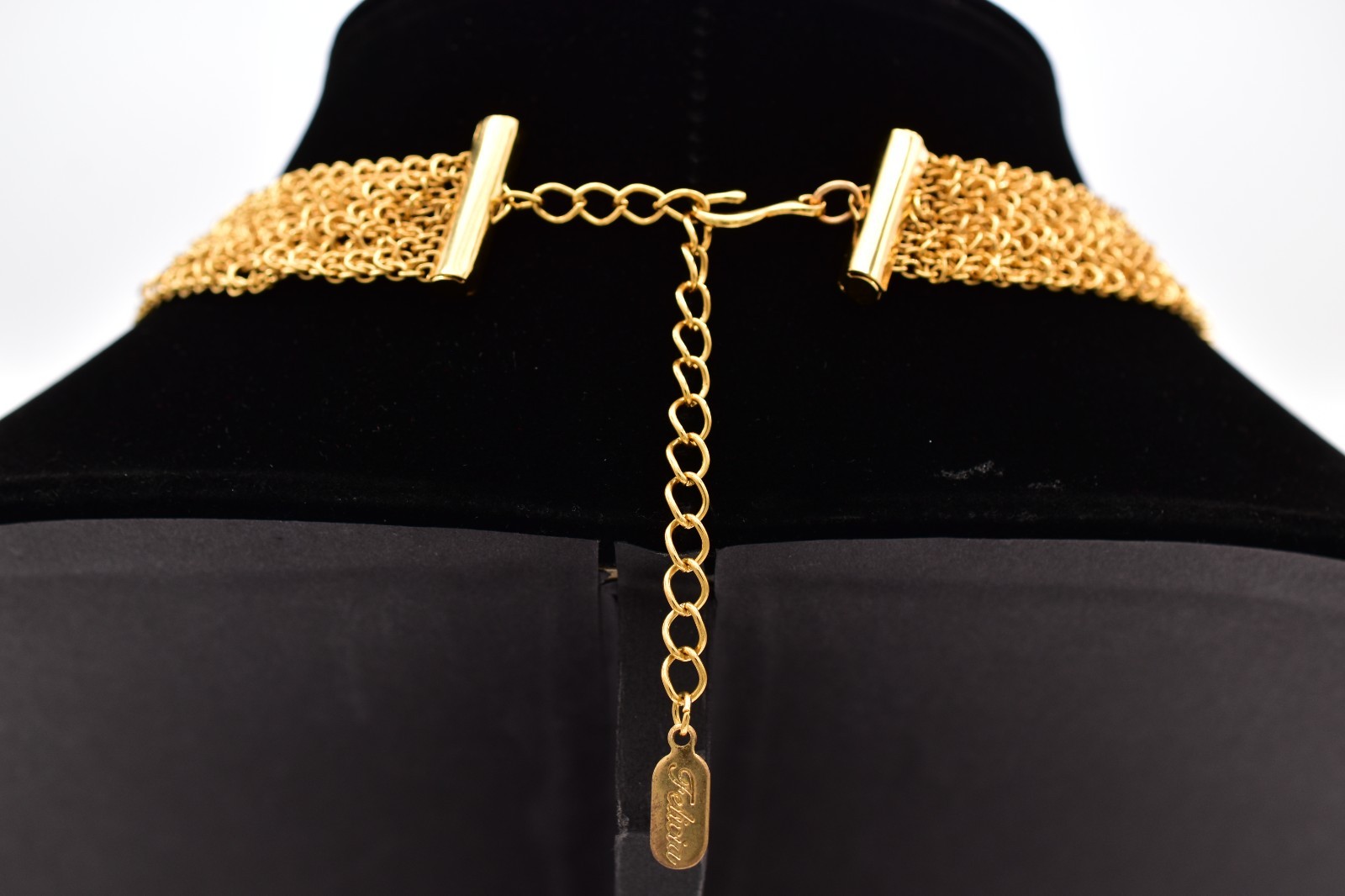 Felicia Vintage Gold Mesh Bib Necklace AB Rhinestone Crystal Fringe 1990s BinBN