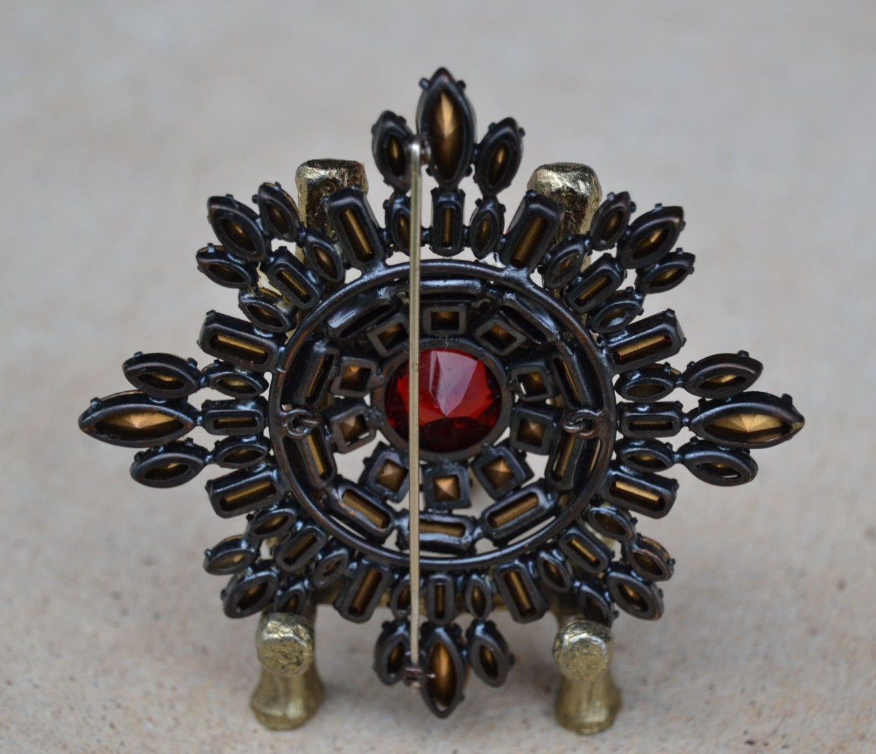 SCHREINER Maltese Cross Brooch RED/BLUE Rhinestones Unsigned Book Piece 3.5 in.