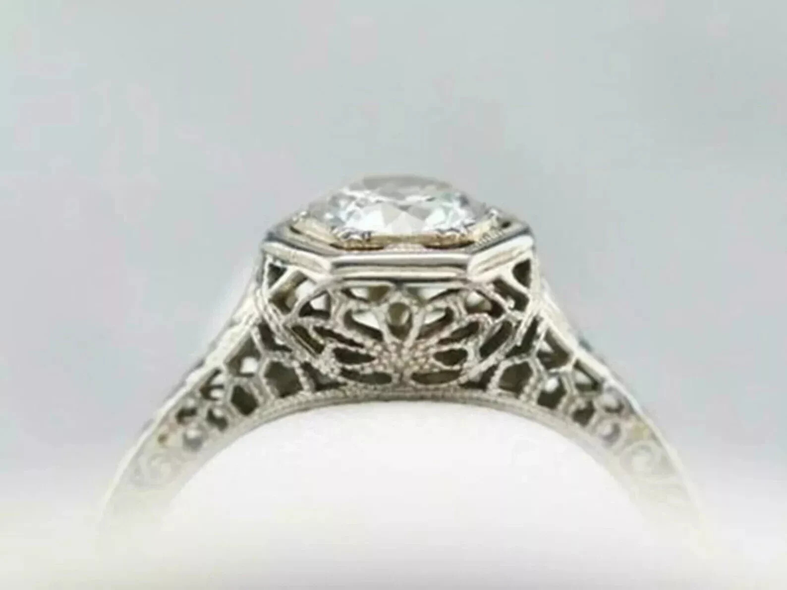 Vintage Art Deco 1Ct Round Lab Created Diamond 14K White Gold FN Engagement Ring