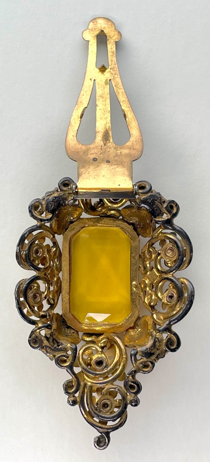 Victorian Clip Brooch | Massive Faux Citrine in Goldtone Metal – Astonishing!