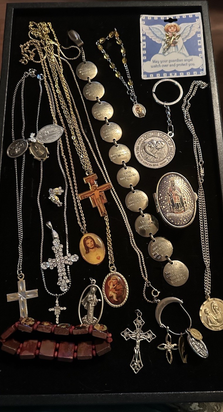 Vintage To Now Estate Costume Jewelry Lot Catholic Religious Crosses Saints Etc