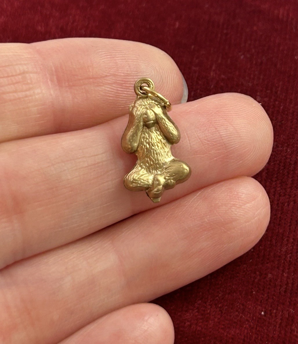 Vintage Charm See No Evil Monkey Necklace Pendant Puffy Brass Metal Jewelry
