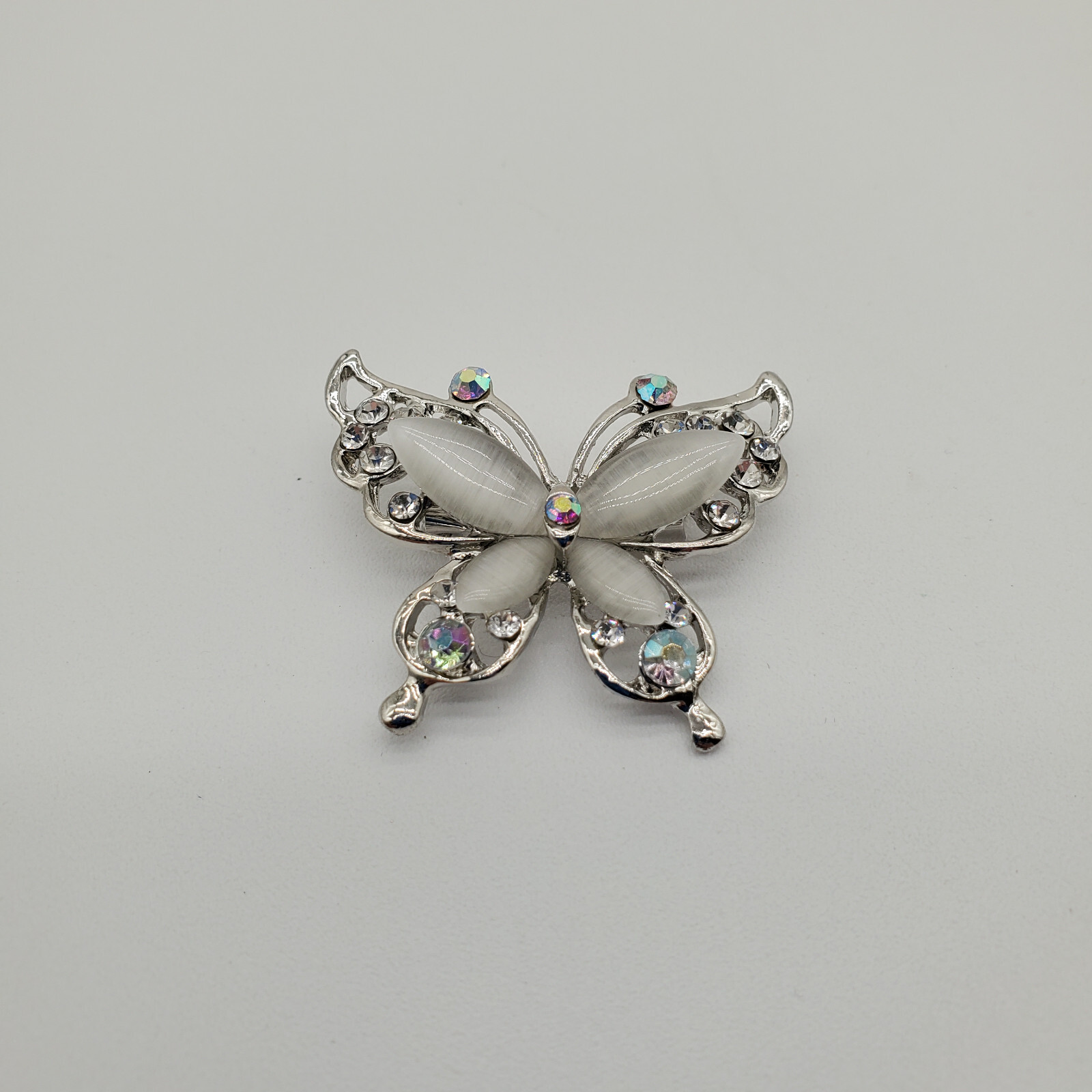 Vintage Small Silver Tone Butterfly Brooch with Clear and AB Rhinestones