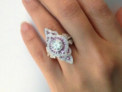 3.10Ct Art Deco Style Lab Created Diamond Anniversary 14K White Gold Finish Ring